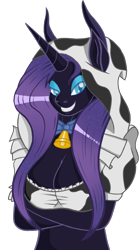 Size: 1108x1982 | Tagged: safe, artist:kasaler, artist:negasun, derpibooru exclusive, nightmare rarity, rarity, anthro, cow, collaboration, bell, breasts, cow suit, cowbell, cowprint, female, nightmare raricow, nightmare raritits, raricow, simple background, solo, species swap, transparent background