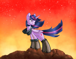 Size: 3192x2500 | Tagged: safe, artist:kelisah, derpibooru import, twilight sparkle, twilight sparkle (alicorn), alicorn, pony, boots, clothes, female, mare, scarf, solo