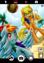 Size: 2483x3509 | Tagged: safe, artist:monochromacat, derpibooru import, applejack, rainbow dash, earth pony, pegasus, pony, appledash, beach, beach ball, bipedal, blushing, camera, female, lesbian, mare, moble, photo, shipping, smiling