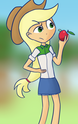 Size: 754x1200 | Tagged: safe, artist:liggliluff, applejack, caterpillar, equestria girls, apple, apple worm, clothes, hat, humanized, skirt, solo