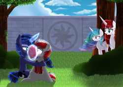 Size: 4092x2893 | Tagged: safe, artist:alexander56910, princess celestia, princess luna, oc, oc:fausticorn, alicorn, pony, alicorn oc, bedroom eyes, canon x oc, censored, cloud, cutie mark wall, garden, kissing, missing accessory, scenery, shipping, surprise kiss, tree, wide eyes