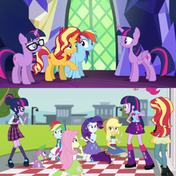 Size: 1660x1660 | Tagged: safe, screencap, applejack, fluttershy, pinkie pie, rainbow dash, rarity, sci-twi, spike, spike the regular dog, sunset shimmer, twilight sparkle, twilight sparkle (alicorn), alicorn, dog, pony, unicorn, better together, equestria girls, friendship games, spring breakdown, canterlot city, canterlot high, clothes, comparison, crystal prep academy uniform, duality, equestria girls ponified, female, glasses, humane five, humane six, male, ponified, school uniform, self paradox, self ponidox, twilight's castle, twolight, unicorn sci-twi