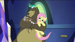 Size: 1920x1080 | Tagged: safe, screencap, fluttershy, harry, bear, bird, ferret, mouse, pegasus, pony, rabbit, squirrel, castle sweet castle, animal, female, lidded eyes, mare, mid-blink screencap, out of context, popinjay