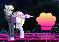 Size: 3307x2339 | Tagged: safe, artist:kirasunnight, derpy hooves, pegasus, pony, clothes, cutie mark, female, high res, jacket, mare, retrowave, smiling, solo, spread wings, sunglasses, sweater, turtleneck, wings