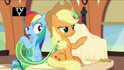 Size: 1280x720 | Tagged: safe, derpibooru import, screencap, applejack, rainbow dash, earth pony, pegasus, pony, the crystalling, duo, lidded eyes, out of context