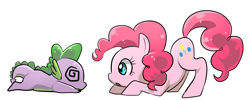 Size: 1500x600 | Tagged: safe, artist:quizia, pinkie pie, spike, dragon, earth pony, pony, crouching, cute, diapinkes, duo, face down ass up, female, mare, simple background, swirly eyes, unconscious, white background