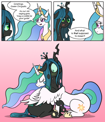 Size: 3574x4144 | Tagged: safe, artist:manual-monaro, princess celestia, queen chrysalis, alicorn, changeling, changeling queen, pony, :o, absurd resolution, blushing, chryslestia, comic, cuddling, cute, cutealis, cutelestia, dialogue, eye contact, eyes closed, female, floppy ears, frown, glare, gradient background, hug, lesbian, looking at each other, mare, open mouth, raised hoof, shipping, shocked, sitting, smiling, snuggling, speech bubble, unamused, wide eyes, winghug