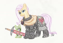 Size: 1725x1198 | Tagged: safe, artist:sensko, angel bunny, fluttershy, pegasus, pony, armor, clothes, crossover, dark angels, duo, female, mare, pencil drawing, power armor, power sword, robe, space marine, sword, traditional art, warhammer (game), warhammer 30k, warhammer 40k, watcher in the dark