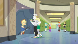 Size: 1280x720 | Tagged: safe, screencap, applejack, bulk biceps, cloudy kicks, derpy hooves, heath burns, teddy t. touchdown, tennis match, better together, equestria girls, holidays unwrapped, food, muffin, shipping fuel