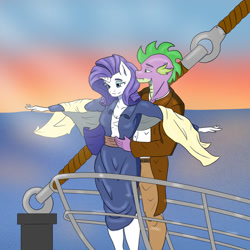 Size: 1024x1024 | Tagged: safe, artist:nwinter3, rarity, spike, anthro, crossover, male, parody, scene parody, shipping, sparity, straight, titanic