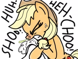 Size: 2048x1536 | Tagged: artist needed, safe, applejack, earth pony, pony, gross, nose wrinkle, scrunchy face, sick, sneezing, sneezing fetish, solo, tissue
