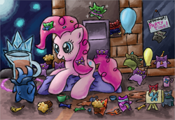 Size: 1909x1314 | Tagged: safe, artist:kannatc, pinkie pie, earth pony, pony, crossover, muffin, party, spiral knights, video game