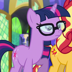 Size: 946x950 | Tagged: safe, screencap, sci-twi, sunset shimmer, twilight sparkle, unicorn, better together, equestria girls, spring breakdown, cropped, cutie mark, equestria girls ponified, female, glasses, mare, offscreen character, unicorn sci-twi