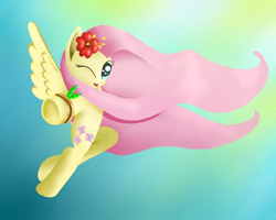 Size: 2500x2000 | Tagged: safe, artist:tuffylive, fluttershy, pegasus, pony, flower in hair, flying, solo, underhoof, windswept mane, wink