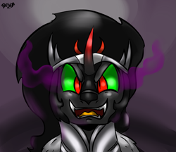 Size: 1155x1000 | Tagged: safe, artist:benja, derpibooru import, king sombra, pony, unicorn, black mane, male, sharp teeth, solo, sombra eyes, stallion