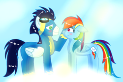 Size: 1024x683 | Tagged: safe, artist:xxmoon-dancerxx, derpibooru import, rainbow dash, soarin', pegasus, pony, clothes, female, male, shipping, soarindash, straight, uniform, wonderbolts uniform