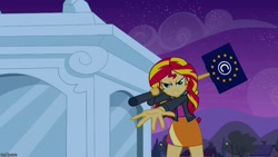 Size: 888x500 | Tagged: safe, edit, edited screencap, screencap, sunset shimmer, equestria girls, equestria girls (movie), april fools, april fools 2019, article 13, clothes, evil grin, female, glare, grin, hammer, looking at you, meta, reaching, skirt, smiling, smirk, solo, statue