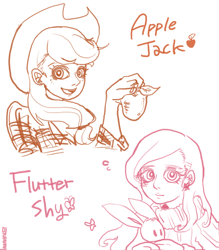 Size: 700x800 | Tagged: safe, artist:mirululu, applejack, fluttershy, human, rabbit, apple, clothes, earring, humanized, sweater, sweatershy