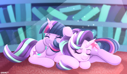 Size: 3600x2100 | Tagged: safe, artist:pone177, artist:rivin177, starlight glimmer, twilight sparkle, twilight sparkle (alicorn), alicorn, pony, unicorn, duo, eyes closed, female, lesbian, library, lying down, lying on top of someone, mare, on floor, pony pillow, prone, shipping, sleeping, smiling, twilight's castle, twilight's castle library, twistarlight