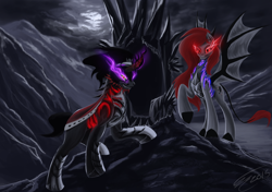 Size: 1560x1100 | Tagged: safe, artist:althyra-nex, derpibooru import, king sombra, oc, bat pony, pony, everything glowing, that person next to sombra