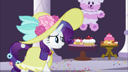 Size: 1920x1080 | Tagged: safe, screencap, rarity, pony, unicorn, sweet and elite, cake, clothes, dress, food, hat, piñata, rarity looking at food, solo