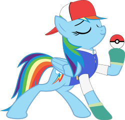 Size: 4998x4805 | Tagged: safe, artist:wissle, derpibooru import, rainbow dash, pegasus, pony, 1000 hours in ms paint, absurd resolution, ash ketchum, clothes, cosplay, costume, dash ketchum, eyes closed, female, mare, pokéball, pokémon, simple background, solo, transparent background