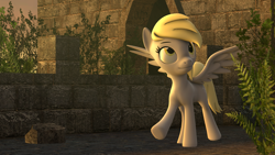 Size: 3840x2160 | Tagged: safe, artist:greenishfury, derpibooru exclusive, derpy hooves, pegasus, pony, 3d, castle, cute, derpabetes, female, happy birthday mlp:fim, mare, mlp fim's ninth anniversary, revamped ponies, solo, source filmmaker, walking, wings