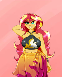 Size: 2000x2500 | Tagged: safe, artist:albertbm, sunset shimmer, better together, equestria girls, forgotten friendship, armpits, beautiful, belly button, big breasts, breasts, clothes, female, grin, high res, midriff, sexy, smiling, solo, summer sunset, sunset jiggler, swimsuit