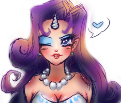 Size: 941x800 | Tagged: safe, artist:yukiru, rarity, human, blushing, breasts, bust, cleavage, female, heart, horned humanization, humanized, one eye closed, solo