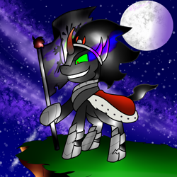 Size: 2500x2500 | Tagged: safe, artist:burgerchi, derpibooru import, king sombra, pony, unicorn, flag, moon, night, solo, sombra empire