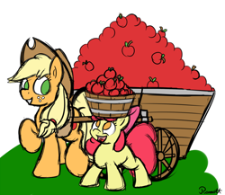 Size: 1500x1300 | Tagged: safe, artist:ramott, apple bloom, applejack, earth pony, pony, apple, bucket, raised hoof, smiling