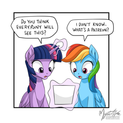 Size: 1447x1447 | Tagged: safe, artist:mysticalpha, derpibooru import, rainbow dash, twilight sparkle, twilight sparkle (alicorn), alicorn, pegasus, pony, dialogue, duo, female, mare, patreon, speech bubble