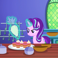 Size: 1079x1079 | Tagged: safe, screencap, starlight glimmer, pony, unicorn, all bottled up, cake, cropped, female, food, mare, solo, teacakes