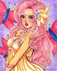 Size: 4743x5920 | Tagged: safe, artist:sir-frog, fluttershy, human, absurd resolution, cleavage, clothes, dress, female, humanized, solo, traditional art