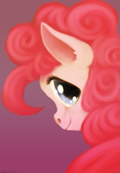 Size: 569x820 | Tagged: safe, artist:comickit, pinkie pie, earth pony, pony, bust, looking at you, looking back, looking back at you, portrait, smiling, solo