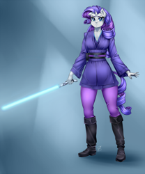 Size: 900x1080 | Tagged: safe, artist:pia-sama, rarity, anthro, plantigrade anthro, crossover, jedi, lightsaber, solo, star wars, weapon