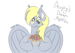 Size: 7016x4961 | Tagged: safe, artist:syncedsart, derpy hooves, pegasus, pony, absurd resolution, bust, clip studio paint, cute, digital art, drawing, dream, female, food, mlp fim's ninth anniversary, muffin, solo, wings