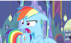 Size: 1792x1080 | Tagged: safe, derpibooru import, screencap, rainbow dash, pegasus, pony, ail-icorn, spoiler:interseason shorts, bookshelf, cutie mark, dashie mcboing boing, female, floppy ears, lyrebird dash, mare, raised eyebrow, solo, yelling