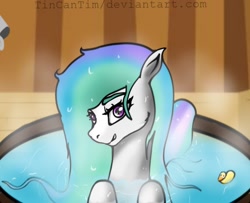 Size: 814x661 | Tagged: safe, artist:tincantim, princess celestia, alicorn, pony, bathtub, missing horn, rubber duck, solo, spa, water, wet mane