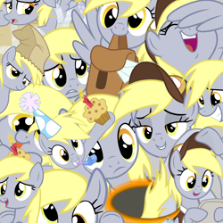 Size: 6000x6000 | Tagged: safe, artist:luckreza8, derpy hooves, pegasus, pony, clothes, confused, female, happy, hat, letter, lidded eyes, multeity, paper bag, party hat, portal, sad, unstoppable force of derp, wallpaper