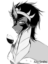 Size: 1500x1991 | Tagged: safe, artist:cristate, derpibooru import, king sombra, pony, unicorn, monochrome, solo, stupid sexy sombra, wine glass