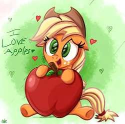 Size: 800x797 | Tagged: safe, artist:daniel-sg, applejack, earth pony, pony, apple, cute, female, freckles, heart, jackabetes, mare, open mouth, solo, that pony sure does love apples