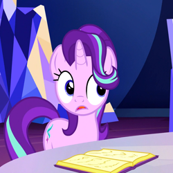 Size: 1080x1080 | Tagged: safe, screencap, starlight glimmer, pony, unicorn, all bottled up, book, cropped, female, mare, solo, twilight's castle