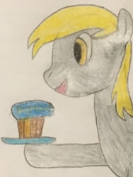 Size: 480x640 | Tagged: safe, artist:tophxomi, derpy hooves, ditzy doo, pegasus, pony, cute, derpabetes, female, food, mare, mlp fim's ninth anniversary, muffin, solo, traditional art