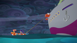 Size: 1920x1080 | Tagged: safe, screencap, sunset shimmer, twilight sparkle, better together, equestria girls, spring breakdown, anchor, boat, cruise ship, dark, lifejacket, ocean, oops, rope, stuck, tether