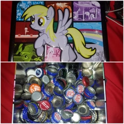 Size: 2896x2896 | Tagged: safe, derpy hooves, pegasus, pony, blonde, blonde mane, blonde tail, bottlecap, box, female, gray coat, mare, wings