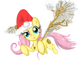 Size: 2500x1941 | Tagged: safe, artist:hereticofdune, fluttershy, pegasus, pony, artificial wings, hat, mechanical wing, santa hat, solo, steampunk