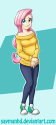 Size: 791x1762 | Tagged: safe, artist:saymanhd, fluttershy, human, clothes, converse, humanized, off shoulder, smiling, solo, sweater, sweatershy