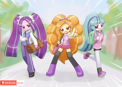 Size: 1407x1000 | Tagged: safe, artist:howxu, adagio dazzle, aria blaze, sonata dusk, equestria girls, backpack, bag, boots, clothes, cute, cute little fangs, fangs, female, grass, hairband, howxu is trying to murder us, jeans, looking at you, miniskirt, moe, open mouth, pants, patreon, patreon logo, pigtails, pleated skirt, pointing, ponytail, shoes, shorts, skirt, sky, socks, sonatabetes, stars, sweater, sweatshirt, the dazzlings, thigh highs, tree, trio, twintails