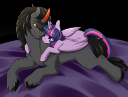 Size: 2100x1600 | Tagged: safe, artist:duskyamore, derpibooru import, king sombra, twilight sparkle, twilight sparkle (alicorn), alicorn, pony, unicorn, cuddling, cute, female, looking at each other, lying down, lying on top of someone, male, mare, prone, shipping, smiling, smiling at each other, snuggling, sombradorable, stallion, straight, twiabetes, twibra, unshorn fetlocks